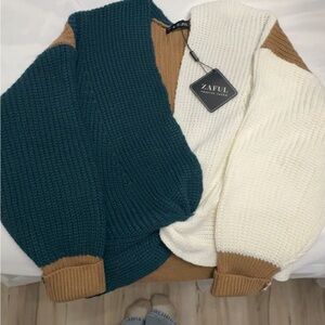 Zaful Teal, White, and Tan Knit Sweater